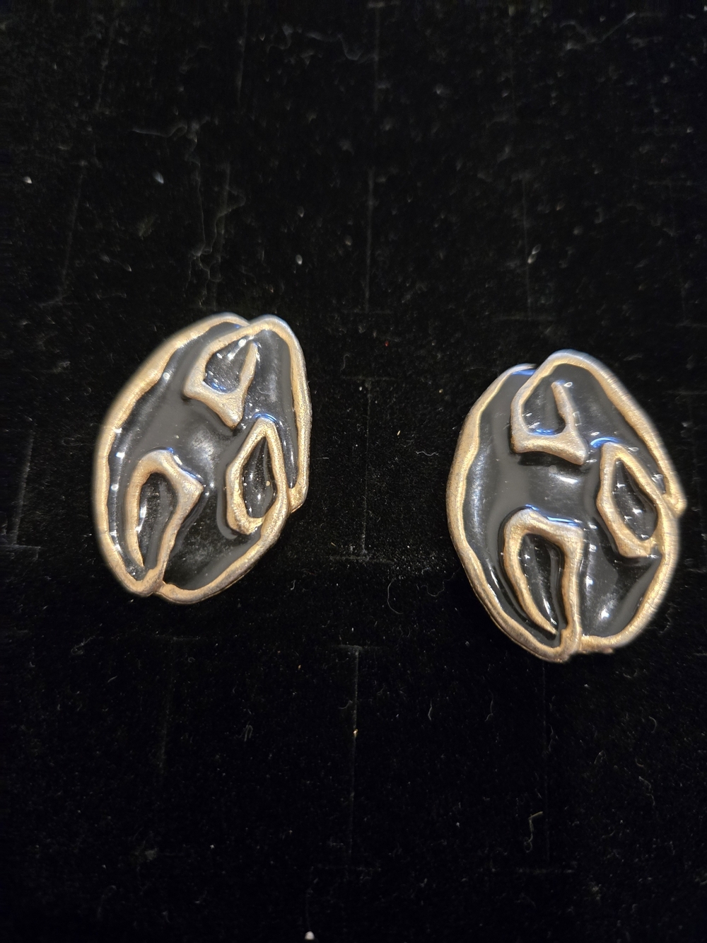 Vintage MCM Gold-Trim Black Enamel Oval Stud Earrings